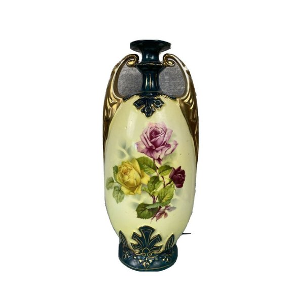 victoria austria vase Stamped Roses Teal Yellow
